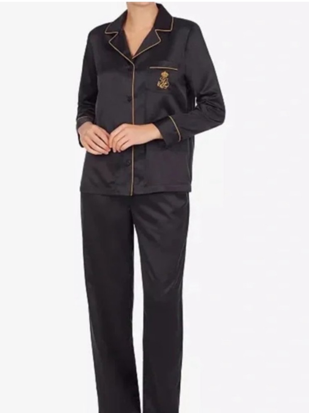 Ralph Lauren satin pajama set 2 piece black gold house crest fall casual size S